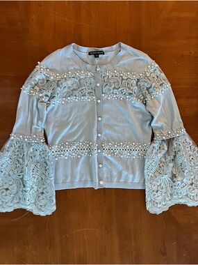 Boston Proper Powder Blue Pearl & Lace Bell-Sleeve Cardigan